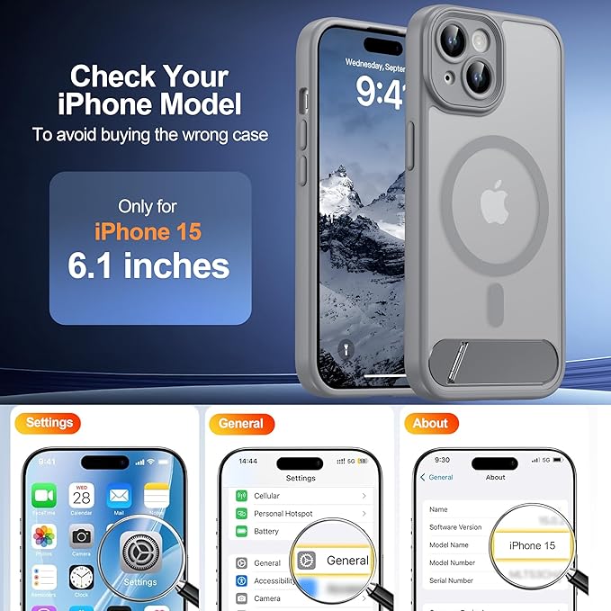 Magnetic Compatible with iPhone 15 Case, [Built-in Invisible Kickstand][Compatible with MagSafe][Full Camera Protection] Translucent Matte Phone Case for iPhone 15 6.1" Gray