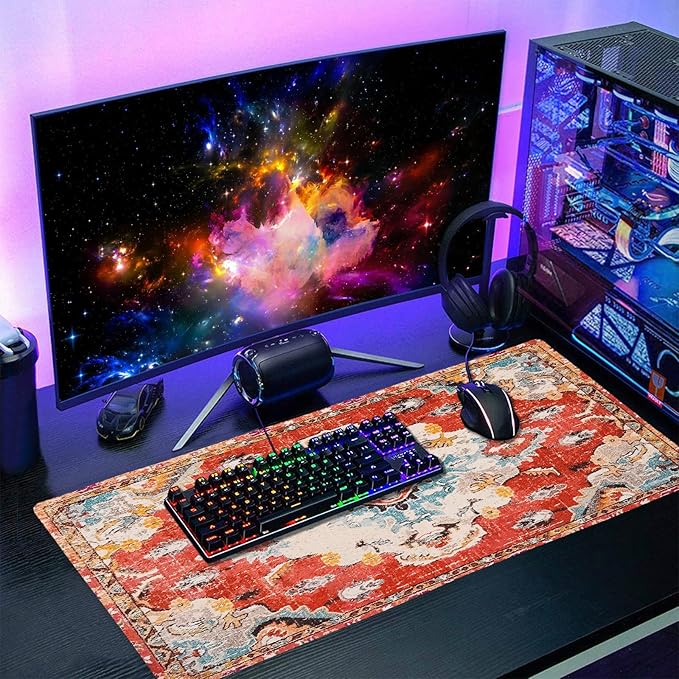 Vintage Rug Mouse Pad XXL Red Orange Retro Carpet Aesthetic Extended Table Mat 90X40 cm Non-Slip Rubber Base Stitched Edge Large Mousepad for Gaming Laptop Computer Desk Top 35.4×15.7 Inch