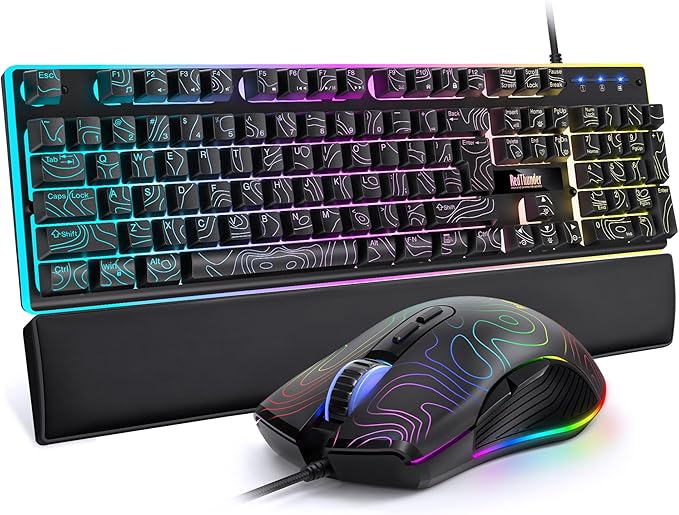 RedThunder K10 Wired Gaming Keyboard & Mouse Combo with Wrist Rest, Adjustable RGB Mechanical Feel Anti-ghosting Keyboard + 7D 7200 DPI Mouse+Soft Leather Wrist Rest for PC Gamers (Black Lines)