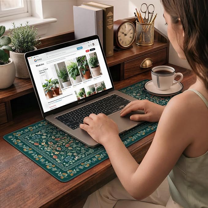 iCasso Aesthetic Floral Desk Mat, L Mouse Pads, Anti-Slip Retro Mousepad with Stitched Edges, Waterproof Computer Pad 11.8"x31.5", Desk Accessories Office Decor for Women(Deep Green)