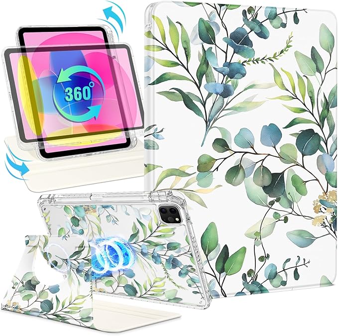 Shorogyt for iPad Air 13 Inch (M4) 2026/M3 2025 & M2 2024 /for i Pad Pro 12.9 inch (3/4/5/6th Gen) for Magnetic Stand for Women - Cute 360 Degree Rotating Covers Girls with Pencil Holder, Green Leaf