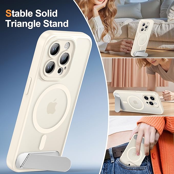 Magnetic Compatible with iPhone 15 Pro Case, [Built-in Kickstand][Full Camera Protection][Compatible with MagSafe][Anti-Fingerprint] Shockproof Phone Case for iPhone 15 Pro 6.1",Beige
