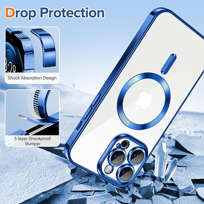 Hython Magnetic Clear for iPhone 12 Pro Max Case with Camera Lens Protector [Compatible with MagSafe] Plating Edge Slim Soft TPU Cover Protective Phone Case for iPhone 12 Pro Max 6.7", Deep Blue