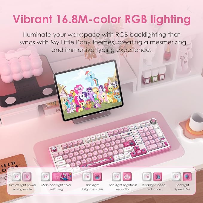 My Little Pony [Official Hasbro Licensed] Wireless Mechanical Keyboard, 101 Keys RGB Gaming Keyboard with Custom Linear Switches & Knob Control, 3-Mode (BT/2.4G/USB-C), Cute Pink Gift for MLP Fans