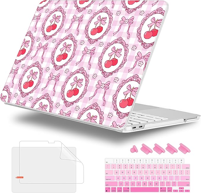 Case for 2026 MacBook Neo 13-inch Laptop with Liquid Retina Display, Release Model A3404, Sturdy Plastic Hard Shell Case + Keyboard Cover + Trackpad Film + Dust Plug, Cherry Bows & Checkered