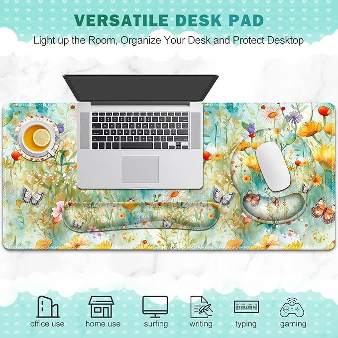 Gaming Mouse Pad, Large Desk Mat, Cute Desk Pad Protector, 4in1 XXL Mousepad + Keyboard Wrist Rest+Mouse Wrist Rest+Coaster Set with Ergonomic Desk Pad for Home Office PC Computer, Yellow Flowers