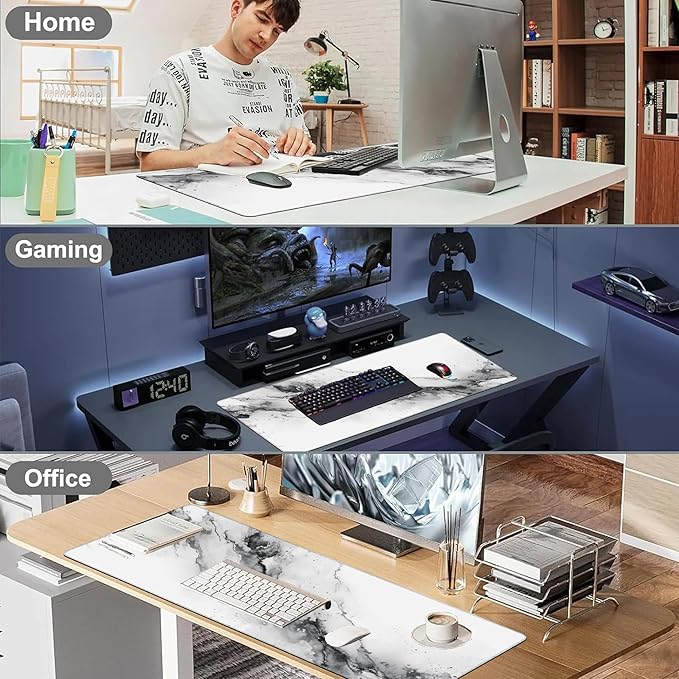 XXL Mouse Pad, White Black Marble Texture Large Desk Mat for Desktop, Extended Large Gaming Mouse Pad Mouse Mat with Non-Slip Rubber Base Stitched Edges for Computer Keyborad Home Office 35.4"X15.7"