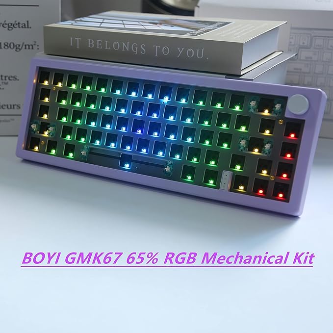 BOYI GMK67 65% Hot-Swappable Mechanical Keyboard Kit,Bluetooth 5.0/2.4G/Type-C Tri-Mode,RGB Backlit,Gasket Mount,DIY Custom Kit with Knob&EVA Mat(Purple)