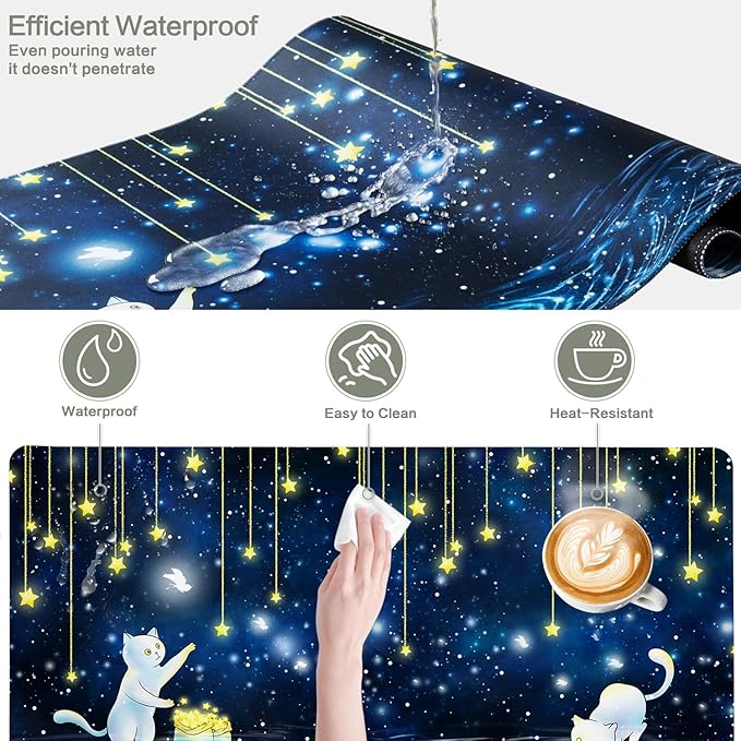 Cat Mouse Pad Desk Mat, Picking Star Cats Gaming Mouse Pad Blue Starry Sky Desk Pad Mousepad XXL Extended Keyboard Mat Mouse Mats, Waterproof, Computer Accessories, Gaming Room Decor, Magic Gift