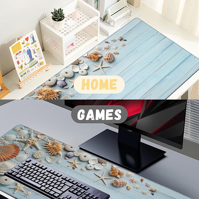 Large Mouse Pad Shells on Light Blue Wood Extended Gaming Mouse Pad Non-Slip Desk Mat with Stitched Edge Laptop Computer Keyboard Mousepad for Office Home 35.4" x 15.7"