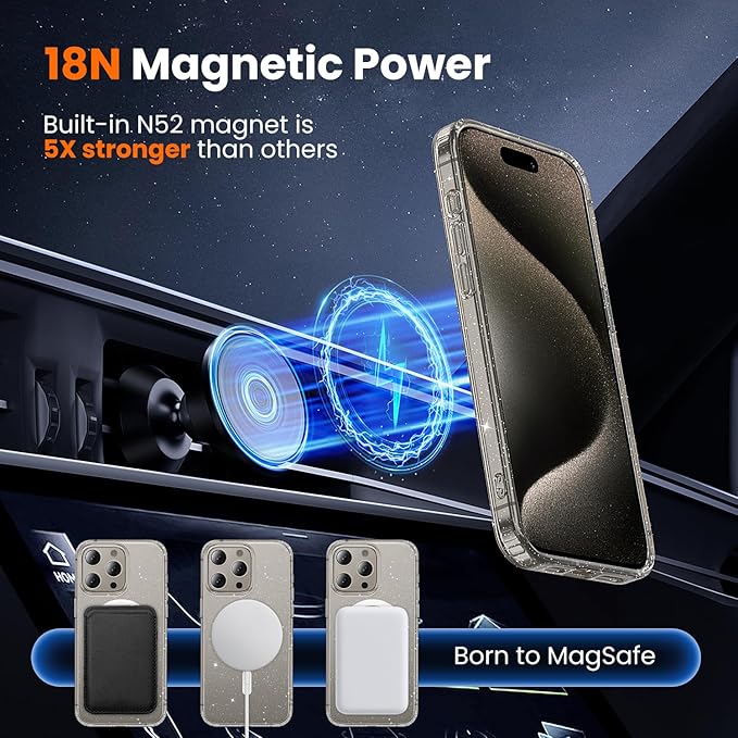 toushion 3 in 1 for iPhone 15 Pro Case Clear with MagSafe, Not Yellowing, Screen Protector*1 Camera Lens Protector*1, Military-Grade Protection for iPhone 15 Pro Phone Case 6.1 inch Clear Glitter