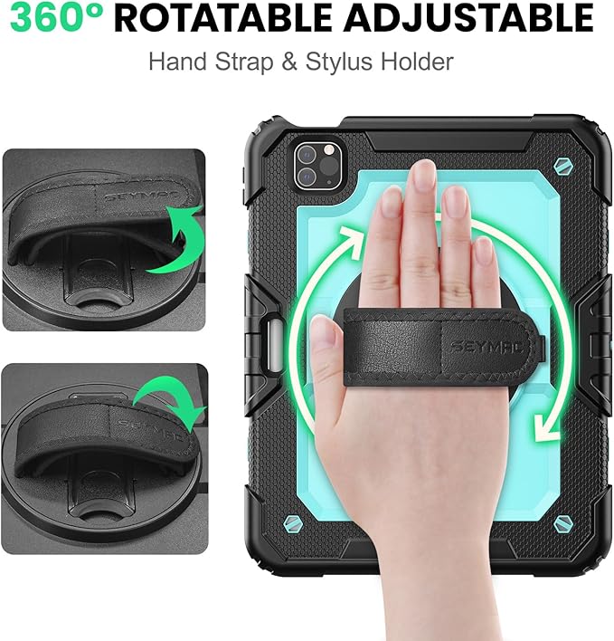 SEYMAC Case for iPad Pro 11 Case 4th/ 3rd/ 2nd/ 1st Gen (2022/2021/2020/2018), Full-Body Shockproof Protective Case with Screen Protector, 360° Rotating Stand and Hand/Shoulder Strap, Sky Blue