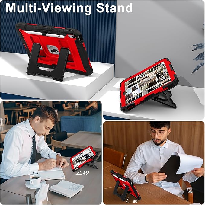 Kids Friendly Case for iPad A16 11th Generation 11 Inch 2025 / iPad 10th Generation 10.9" 2022 Case with Pencil Holder & Shoulder Strap, Hybrid iPad 11 10 Cover Rugged Shockproof Kickstand,Black+Red