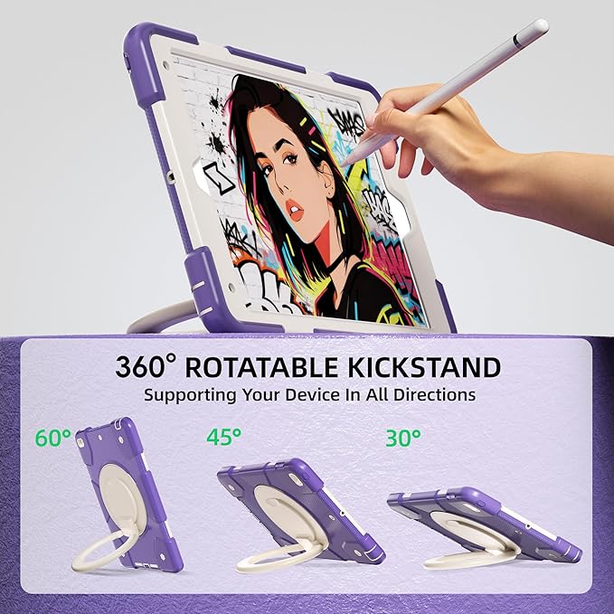 Andnary Case for iPad 9th/8th/7th Generation 10.2 inch, Shockproof Cover with Screen Protector/360° Rotate Stand/Pencil Holder/Shoulder Strap, Kids Case for iPad 2021/2020/2019 (Deep Purple+White)