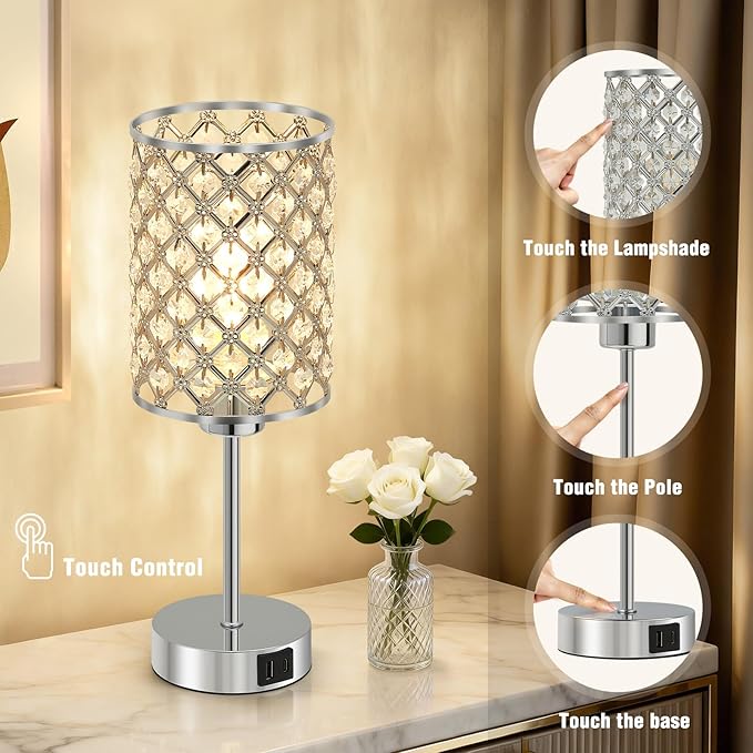 GyroVu Crystal Touch Table Lamp for Bedroom, Silver Desk Lamp with USB-C & USB-A Ports, Dimmable Modern Bedside Lamp for Nightstand, Living Room & Home Office - LED Bulb Included