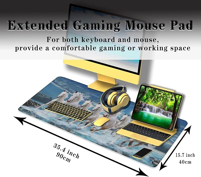 Extra Large Mouse Pads Horses Running, Gaming Mouse Pad Computer Mat, Desktop Computer Mat Non-Slip Rubber Base Waterproof with Stitched Edges, 35.4 X 15.7 inch for Work/Game/Office/Home