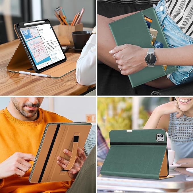 DTTO for iPad Pro 11 inch Case (M5/M4) 2025/2024, Premium Leather Business Folio Stand Cover with Pencil Holder - Auto Wake/Sleep and Multiple Viewing Angles, Midnight Green