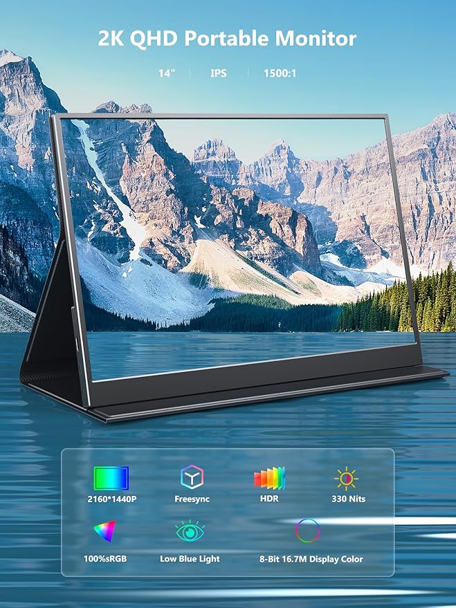 Portable Monitor, 14 inch 3:2 QHD IPS Laptop Display, Dual USB C HDMI Laptop Screen Extender, 2160 * 1440P Gaming Display with 2 Speakers, Travel Monitor for Laptop PS4/5 PC Phone Xbox Switch