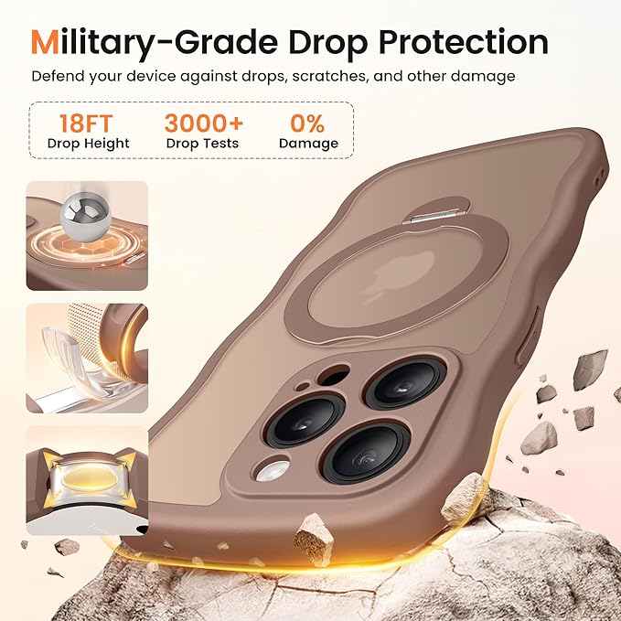 CAPRARO for iPhone 14 Pro Case with 360° Spin Magnetic Stand for Women, [Compatible with MagSafe] [Full Camera Protection] Cute Wave Translucent Matte Case for iPhone 14 Pro,Brown