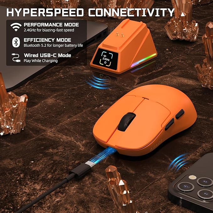 Yindiao AJAZZ AJ159 APEX Wireless Gaming Mouse with Magnetic Charging Base, 56g Lightweight BT/2.4G/USB-C Wired Mouse, PAW3950APEX 42K DPI Optical Sensor, Programmable Buttons for PC/Mac/Win(Orange)