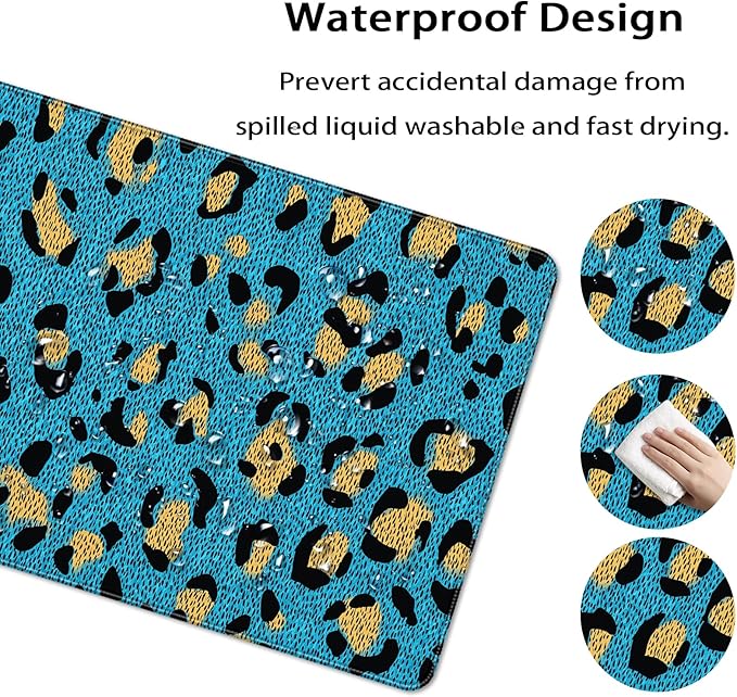 35.4 x 15.7 in, XXL Large Mouse Pad for Desk, Extended Keyboard Mouse Mat for Computer Office, Big Mouse pad with Stitched Edges, Gaming Pc-Leopard Print on Blue