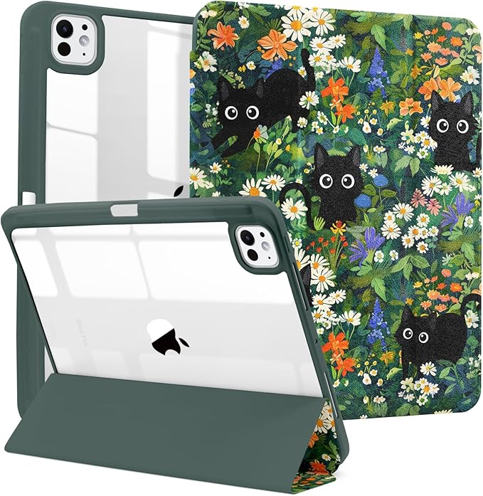 MrARTIST for for iPad Pro 11 Inch Case (M5/M4) 2025/2024 6th/5th Generation Case Cute for Women Girls Girly Kawaii Aesthetic Flowers Design for Apple Tablet Cover with Pencil Holder, Cat Garden