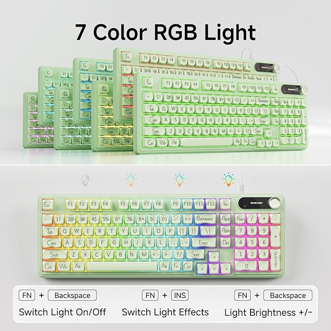 EWEADN V102 Wired Keyboard, 98 Keys Creamy Gaming Keyboard with Display Screen, Media Knob RGB Silent Wired Cute Computer Keyboard for Laptop PC Gamer - Green