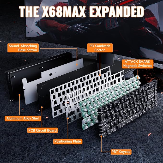 ATTACK SHARK X68MAX HE Wired Rapid Trigger Mechanical Creamy TKL RGB Gaming Keyboard with Full Aluminum CNC,8K Polling,0.005mm Accuracy,Hall Effect Magnetic Switch,NKRO,Driver for PC(Black Contour)