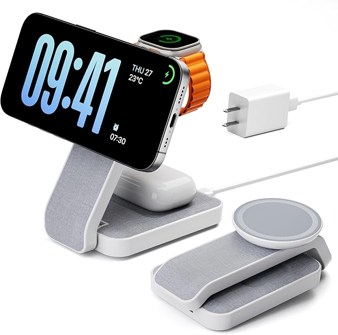 Eazpower 3 in 1 Foldable Wireless Travel Charging Station for MagSafe, Nightstand Magnetic Charger Stand for iPhone 17 16 15 14 Pro Max, Charging Dock with Night Light for Apple Watch/AirPods (White)