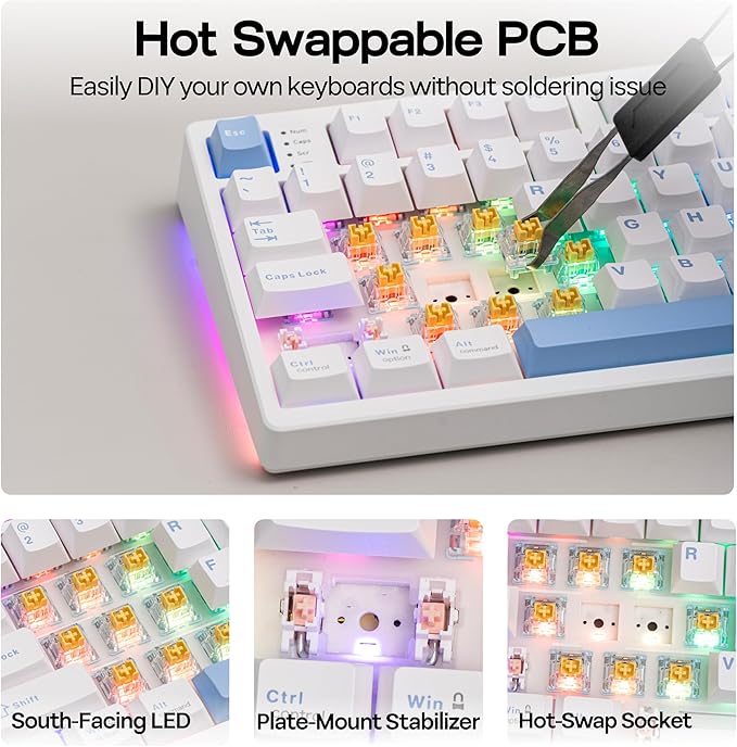 MechLands Vibe108 Full Size Mechanical Keyboard with Knob & Multimedia Buttons, Wireless Gaming Keyboard with 10000mAh Battery, RGB Backlits, 104 Keys Hot Swappable, Custom Driver (Cream Mint Switch)