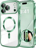 GVIEWIN for iPhone 17 Pro Max Case Compatible with MagSafe, Upgraded [Full Camera Protection][Cute Wave Frame][Military Grade Protection] Electroplated Hard Phone Cover for Women Girl, Clear/Green