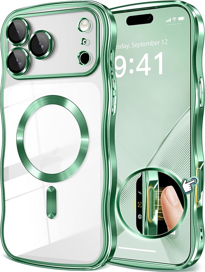 GVIEWIN for iPhone 17 Pro Case Compatible with MagSafe, Upgraded [Full Camera Protection][Cute Wave Frame][Military Grade Protection] Electroplated Hard Phone Cover for Women Girl, Clear/Green