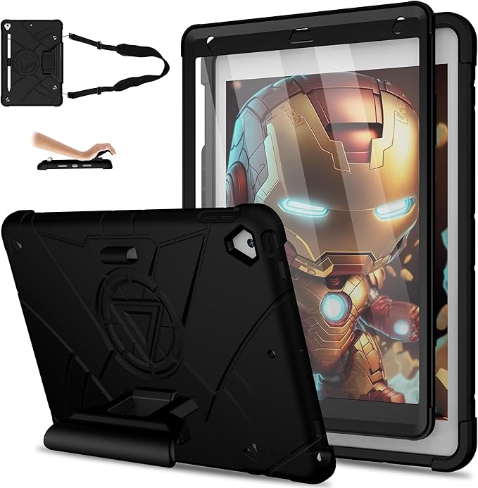 Andnary Case for iPad 9th/8th/7th Generation 10.2 inch, Heavy Shockproof Cover with Screen Protector/180° Rotating Handle/Bracket/Pen Holder/Shoulder Strap, Kids Case for 2021/2020/2019 (D-Black)