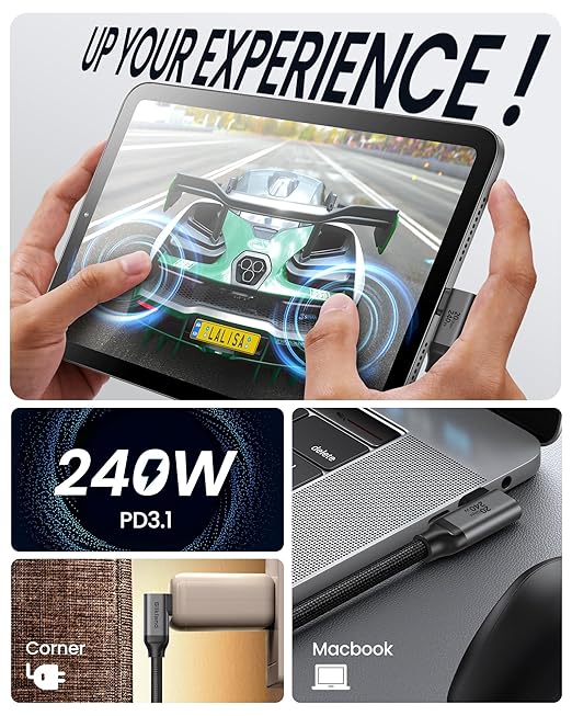 Silkland 20Gbps USB C Data Cable Right Angle, Short 1FT 90 Degree USB C 3.2 Gen 2x2 High Speed Data Transfer Cable, 5K/4K 60Hz Monitor Display, 240W PD Charging, Compatible for SSD, Hub, Dock, eGPU