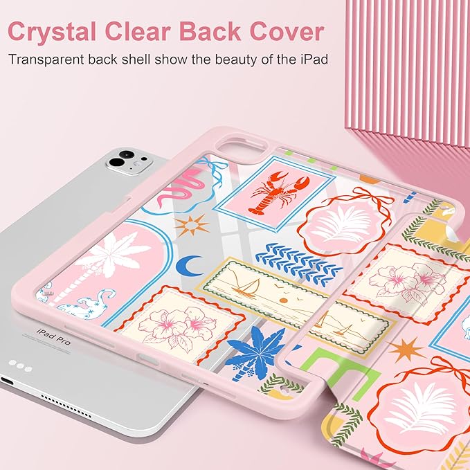 Case for iPad Pro 13 inch (M5) 2025 (M4) 2024 Release Slim Lightweight Cute Light Pink Cover with Clear Back TPU Edge Pencil Holder Trifold Stand, Creative Collage