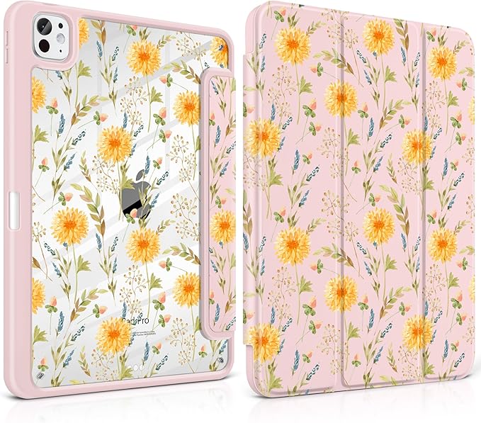 Case for iPad Pro 13 Inch (M5 2025 M4 2024) – [Built-in Pencil Holder], Shockproof & Stylish, Clear Hard Back + Soft TPU Edge, Magnetic Trifold Stand, Auto Wake/Sleep, Yellow Floral