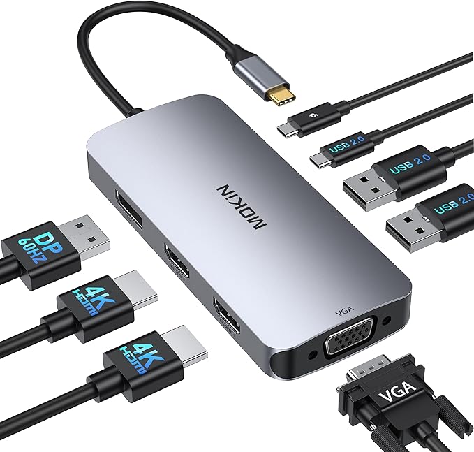 USB C Docking Station Dual HDMI, MOKiN Docking Station 3 Monitors, DisplayPort, VGA, 100W PD Charging, 2USB A 2.0, USB C 2.0 Ports Multiport Adapter, 8 in 1 USB Hub for Dell, HP, Lenovo ThinkPad