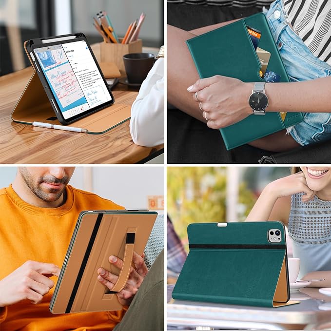 DTTO for iPad Pro 11 inch Case (M5/M4) 2025/2024, Premium Leather Business Folio Stand Cover with Pencil Holder - Auto Wake/Sleep and Multiple Viewing Angles, Green