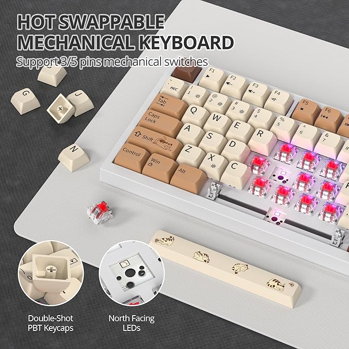 75% Mechanical Gaming Keyboard Coffee Cat, Hot Swappable RGB Backlit Cute Keyboard with Knob, Gasket Mount USB Wired Key Board, 82 Keys Linear Red Switch Keyboards (82 Coffee Cat)
