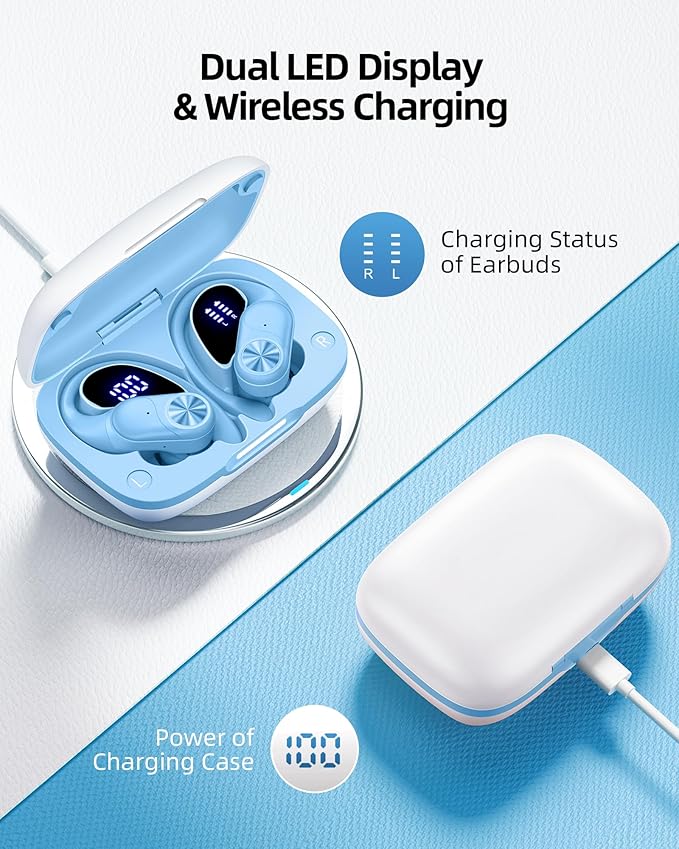PocBuds Bluetooth Headphones Wireless Earbuds 80hrs Playtime Wireless Charging Case Digital Display Sports Ear Buds with Earhook Deep Bass IPX7 Waterproof Over-Ear Earphones for TV Phone Laptop Blue