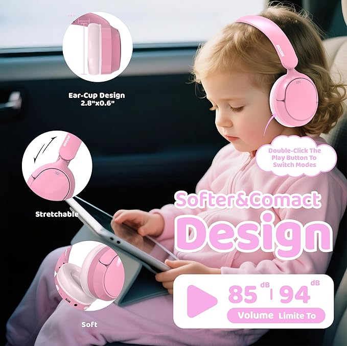 MIDOLA Kids Bluetooth Headphones Active Noise Cancelling,68H Play Time,Lightweight Wireless Foldable Over-Ear Headphone for Kid Toddler,Volume Limited 85/94dB,Headsets with Built-in Mic Pink