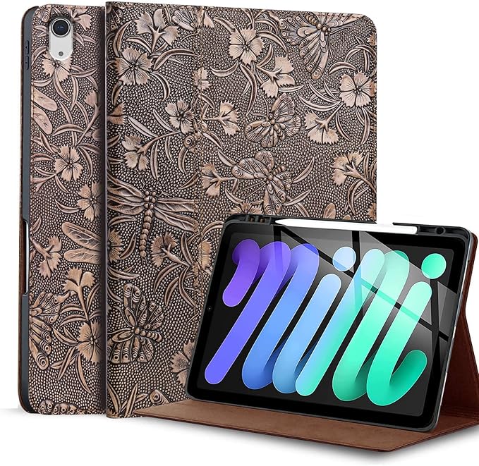 Gexmil Genuine Leather Case for iPad mini 7 (A17 Pro) 2024 / iPad mini 6 Generation 2021 8.3 Inch,Pencil Holder,Shockproof Cowhide Cover,Auto Sleep/Wake,Pencil 2 Wireless Charging,Butterfly Pattern
