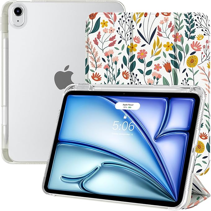 TiMOVO Case for iPad Air 11 Inch M4 2026/M3 2025/M2 2024, iPad Air 5th Generation 2022/4th Gen 2020 10.9 Inch with Pencil Holder, Stand Cover with Translucent Back, Auto Wake/Sleep, Flowers