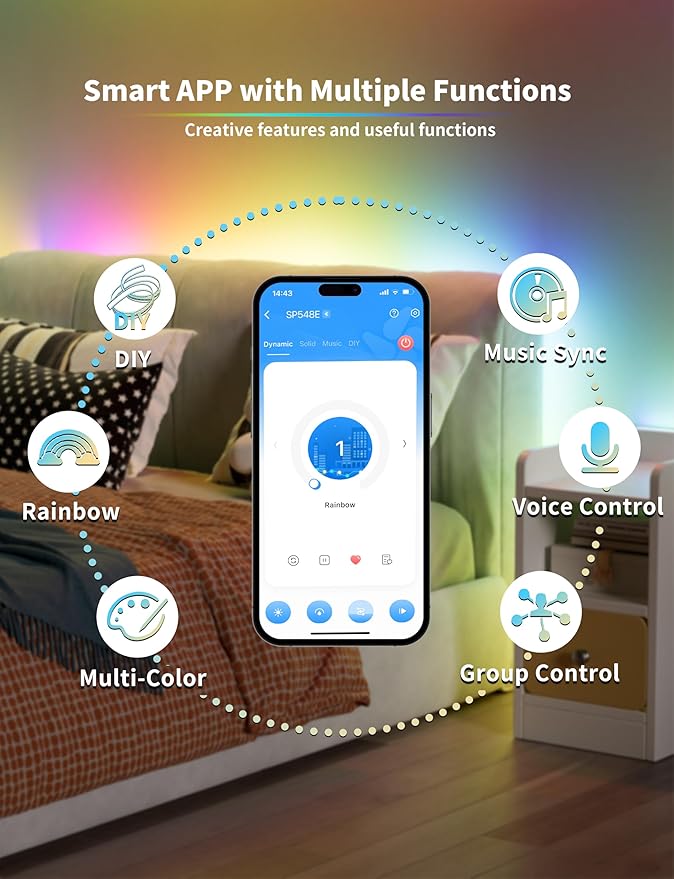 PAUTIX RGB Smart IC COB LED Strip Light USB 5V 6.56ft/2m,Work with Alexa/Google Assistant,Color Chasing UL-Listed Multicolor Flexible Tape LED Strip Light,for Cabinet,TV,Bedroom,Party DIY Decoration