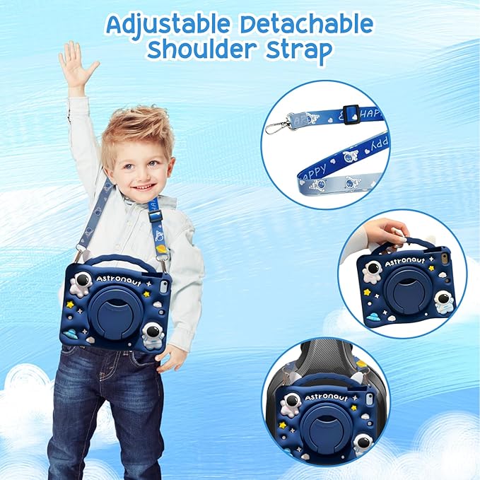 Kids Case for Apple iPad Pro 11 4th 3rd 2nd 1st Gen 2022/2021/2020/2018, iPad Air 5th 4th Gen Case, Cute Design EVA Kickstand Shockproof Kids Friendly Bumper Cover with Shoulder Strap, Blue Spaceman