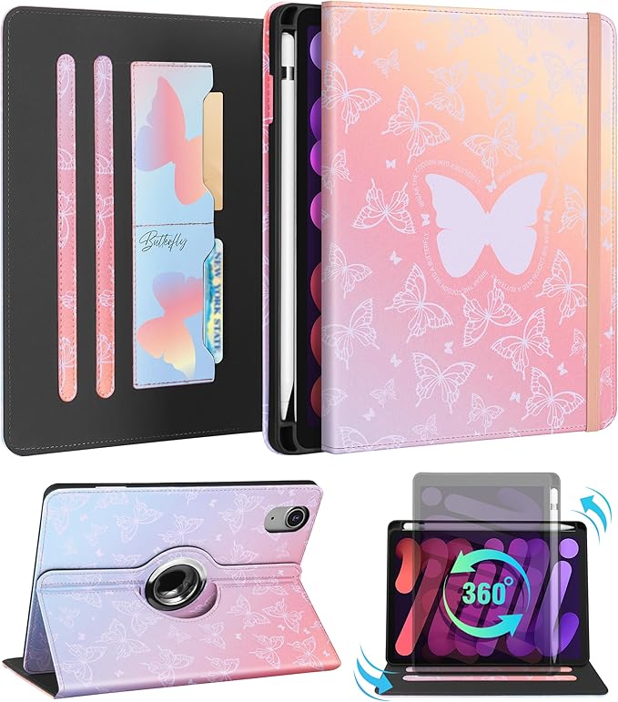 Kidcube for iPad mini 7 Case A17 Pro 2024, for iPad mini 6th Generation Case 8.3 Inch - Women Girls Kids Cute Rotating Stand Folio Cover with Pencil Holder & Card Slot Girly Kawaii Butterfly Cover