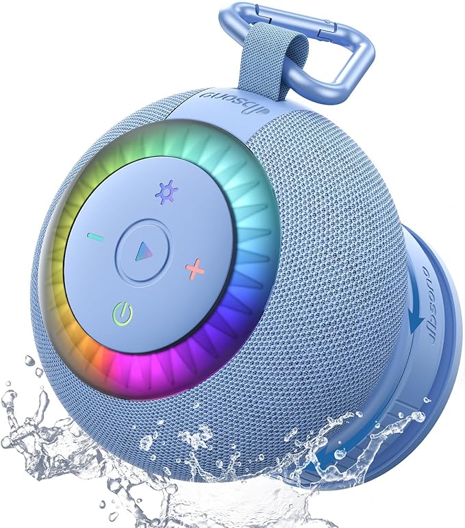 Shower Speaker Bluetooth Waterproof Portable: 360° Surround Sound, IPX7 Suction Cup Removable with Vacuum Exhaust Knob, RGB Lights, Beach/Pool/Camping/Kayak Essentials, Gifts for Mom Teens-Blue