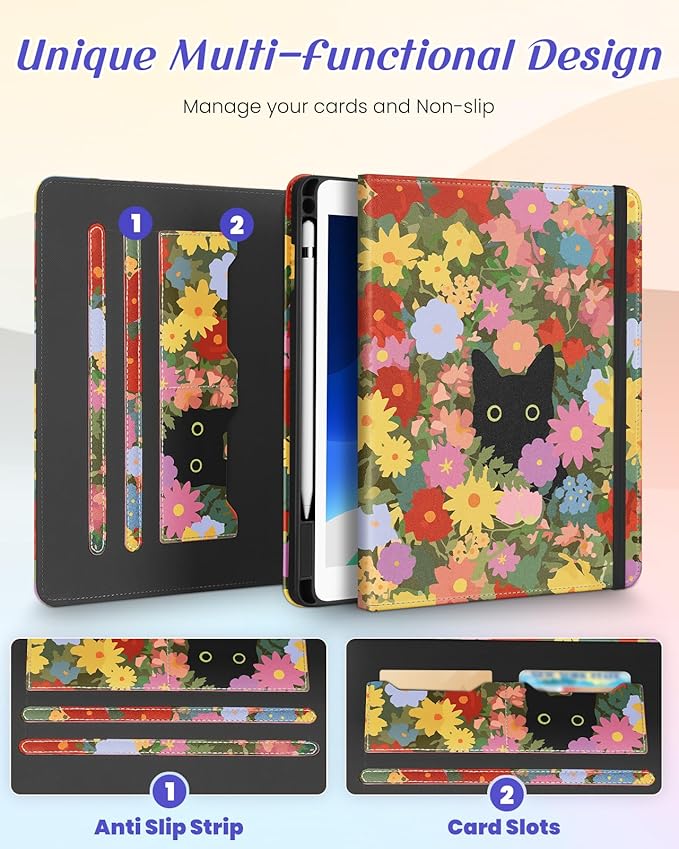 Kidcube for iPad 9th/8th/7th Generation Case 10.2 Inch - for Women Girls Cute Rotating Stand Folio Cover with Pencil Holder & Card Slot Girly Kawaii Cat Flowers Design for iPad 9th/8th/7th Gen Cases