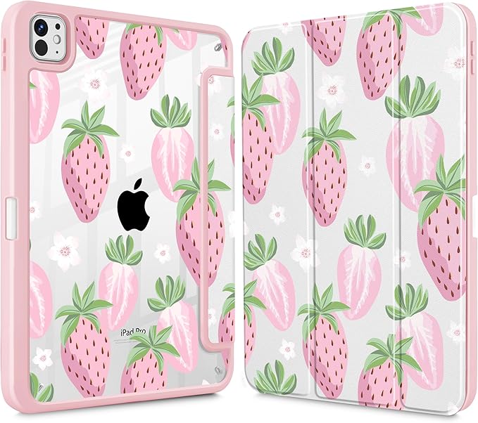 May Chen Case for iPad Pro 11-Inch M5/M4 2025/2024 (6th/5th Generation), [Penceil Holder] Trifold Stand Auto Wake/Sleep Clear TPU Protection Back Cover, Strawberries