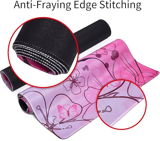 Large XXL Mat Gaming Mouse Pad Extended Full Desk Pad Pink Cute Mouse Pad with Waterproof Surface-Optimized Gaming Surface,Non-Slip Rubber Base Sticthed Edge Mousepad (35"x15.55"x0.08")-Pink Butterfly